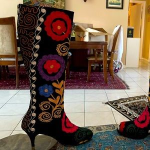 NEW never used. Beautiful boots/2” heels handmade fabric in Usbekistan size 6.5.